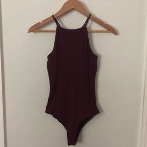 Ribbed High Neck Burgundy Bodysuit w/ Snap Closure